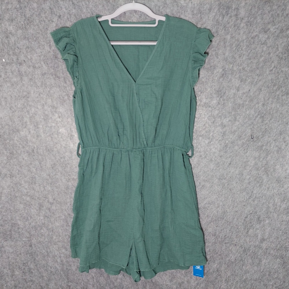 Cupshe Cotton Swim Romper Cover Up L Green Cottagecore Ruffle Sleeve Gauze Short